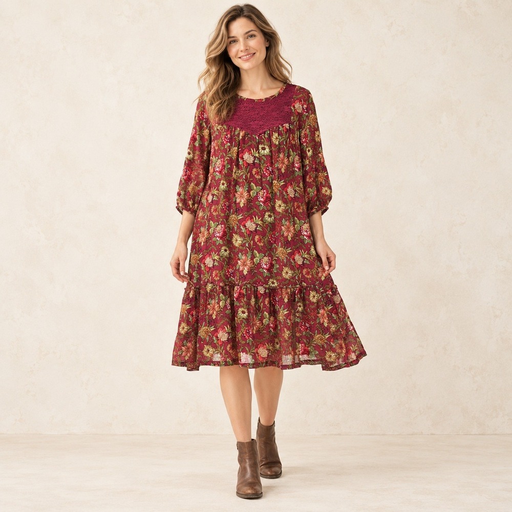 Y2K April Cornell Floral Crochet Yoke Tiered Dress Red XS Boho Cottage Peasant
